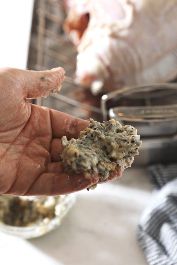 A hand holds a serving of turkey butter before rubbing onto a raw turkey breast