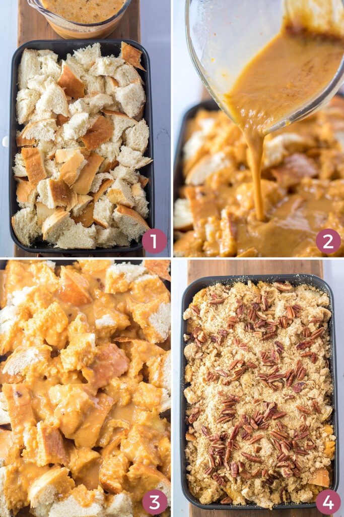 Collage showing how to put together an overnight French toast casserole