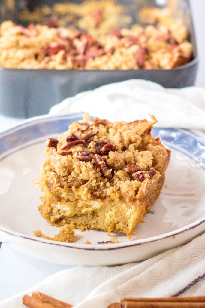 Close up of a slice of Pumpkin French Toast Casserole on a plate