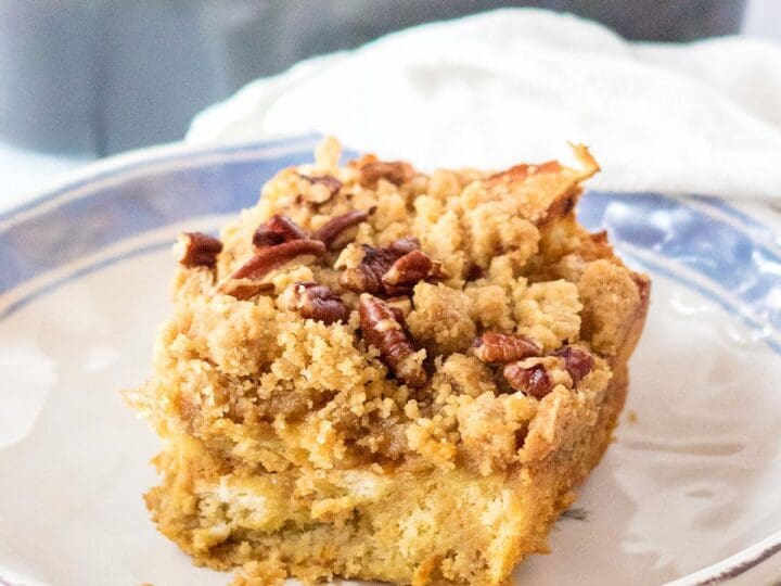 Close up of a slice of Pumpkin French Toast Casserole on a plate