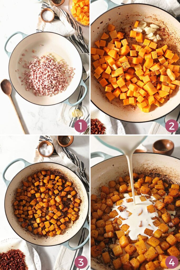 Collage showing how to cook pancetta and butternut squash