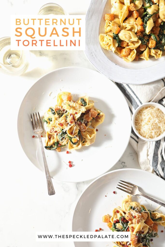 Three plates of pasta with the text butternut squash tortellini