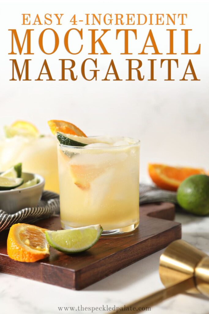 Two mocktails with lime and orange wedges with the text easy, 4-ingredient mocktail margarita