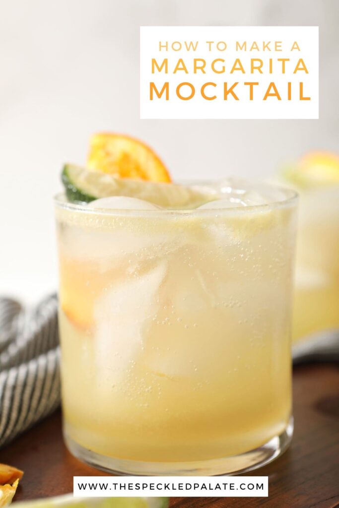 Close up of a yellow mocktail with lime and orange with the text how to make a margarita mocktail