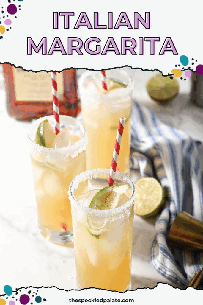 Three tall golden drinks garnished with limes and red striped straws with the text italian margarita