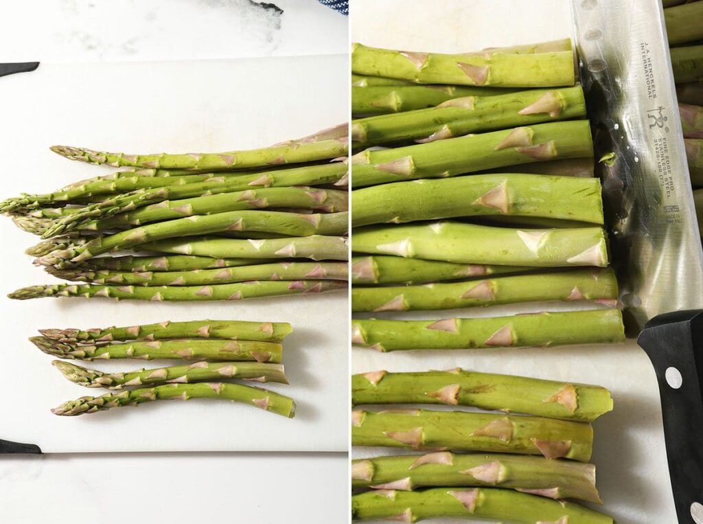 Collage showing how to find the woody stems and cut asparagus