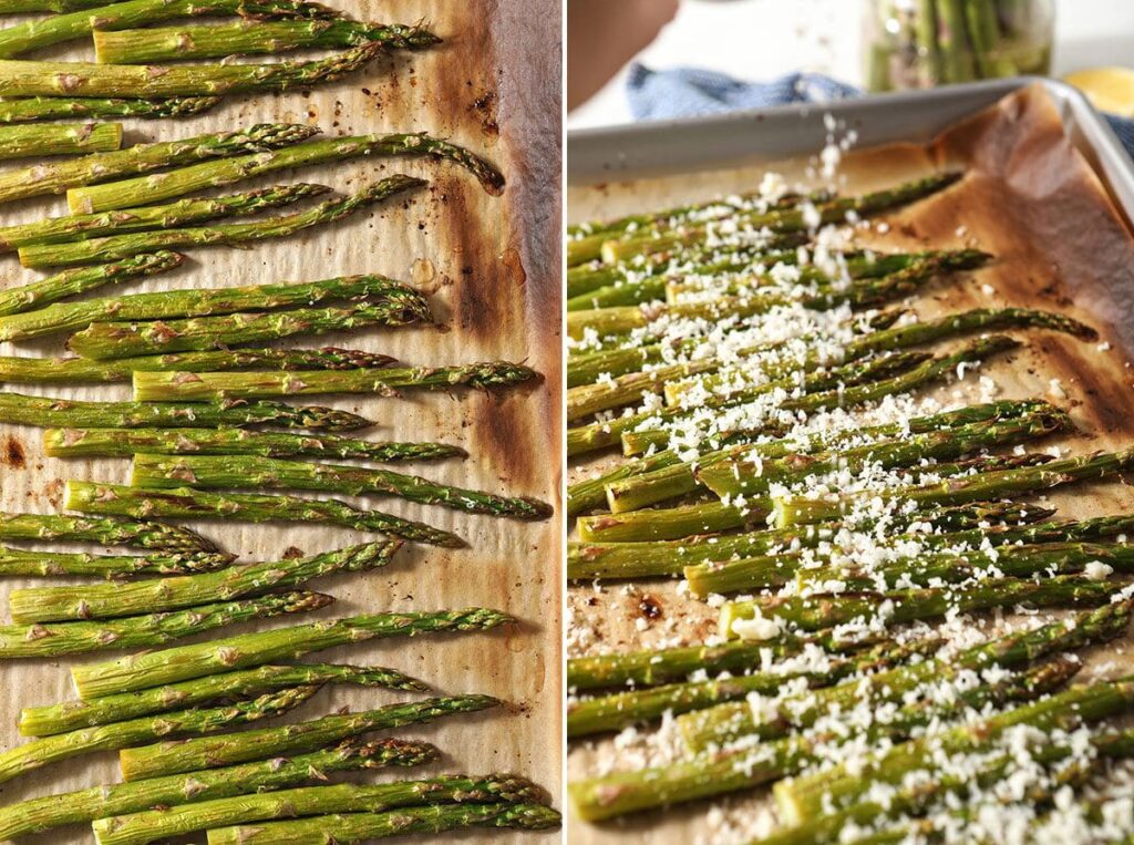 Broiled parmesan on a sheet pan before and after adding parmesan