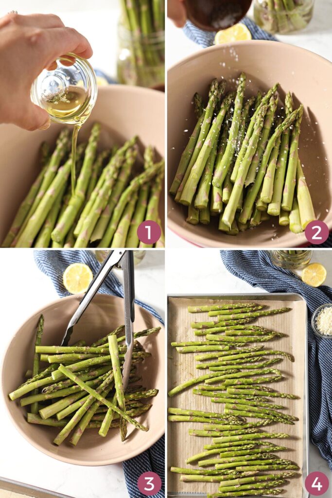 Collage showing how to season broiled asparagus