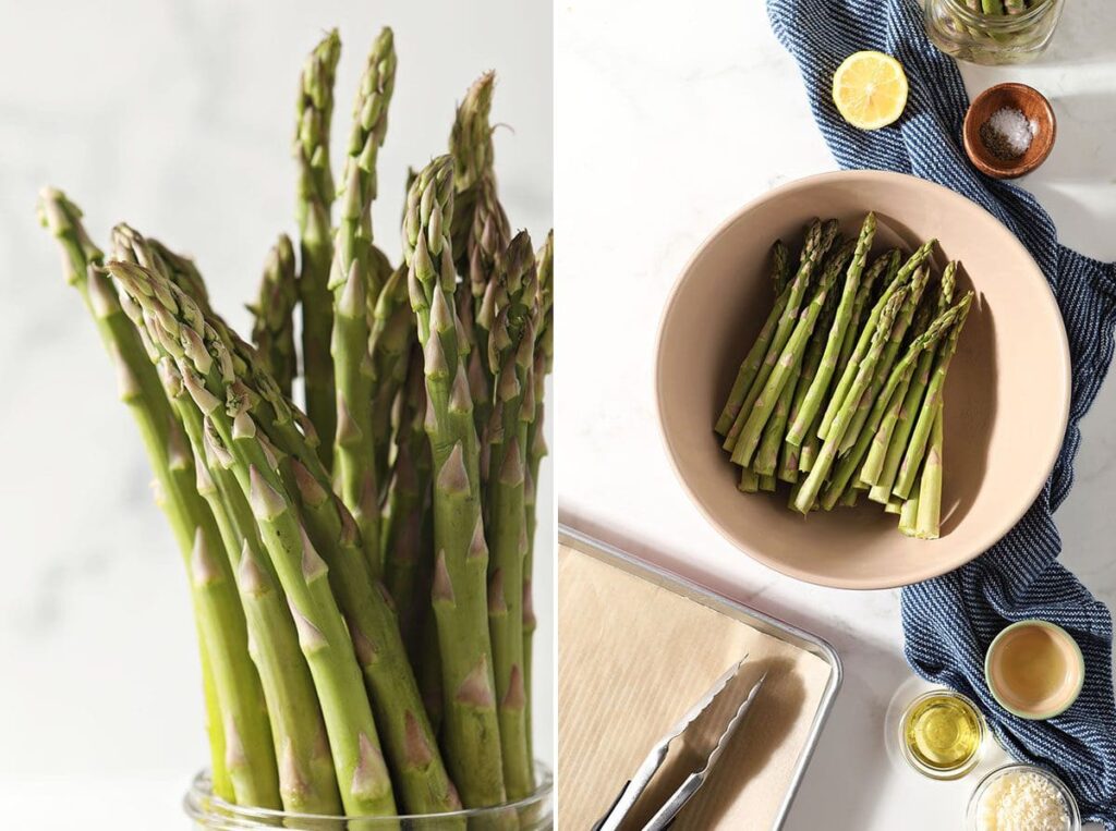 Collage showing asparagus standing up and ingredients in bowls