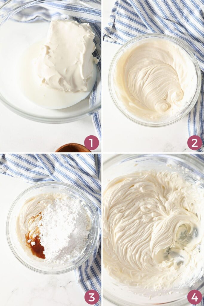 Collage showing how to mix and blend cheesecake dip