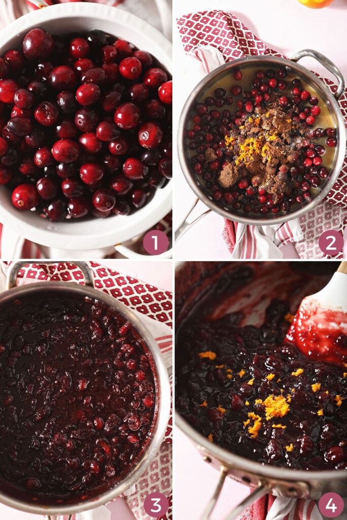 Collage showing how to make fresh cranberry orange sauce