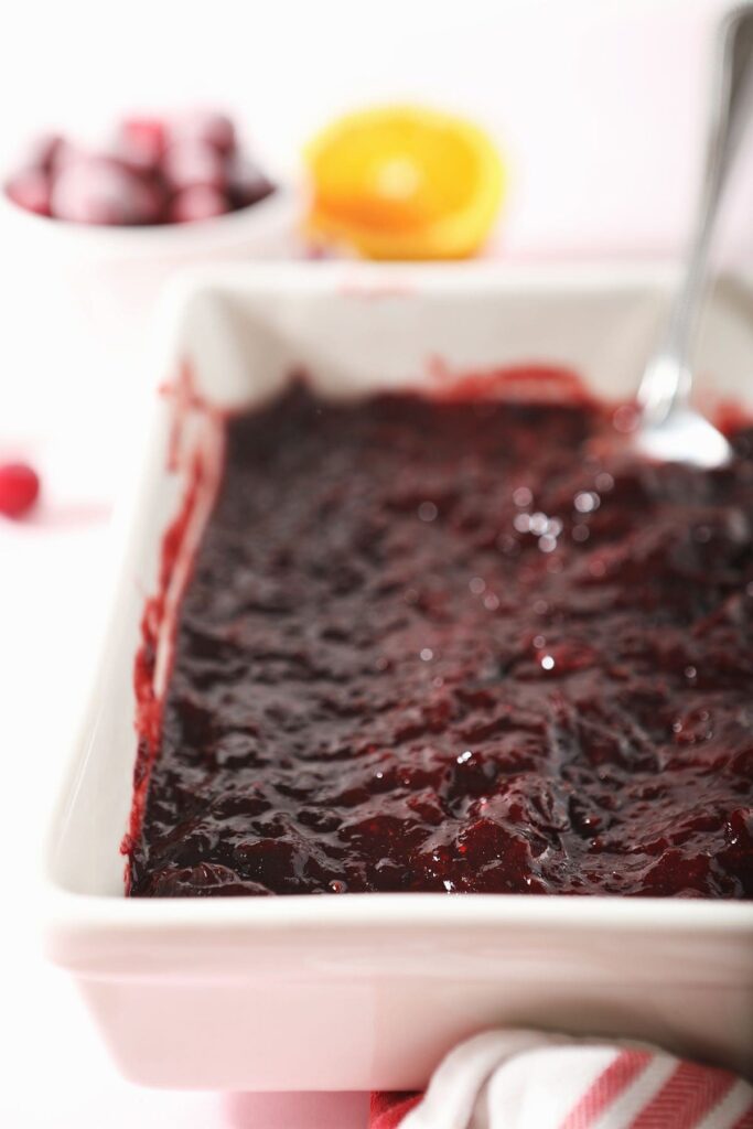 A casserole dish of cranberry orange sauce