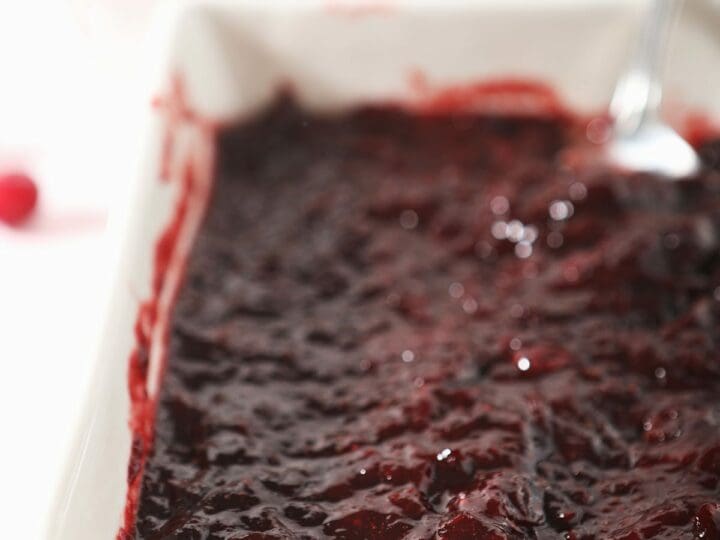 A casserole dish of cranberry orange sauce