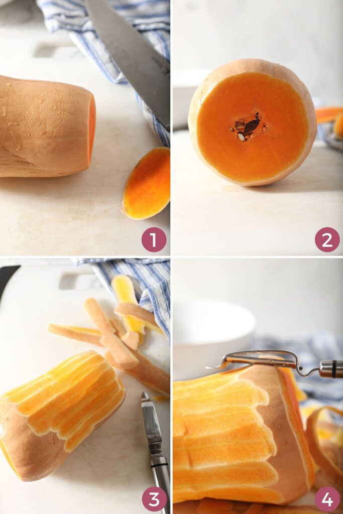 A collage showing how to peel a butternut squash