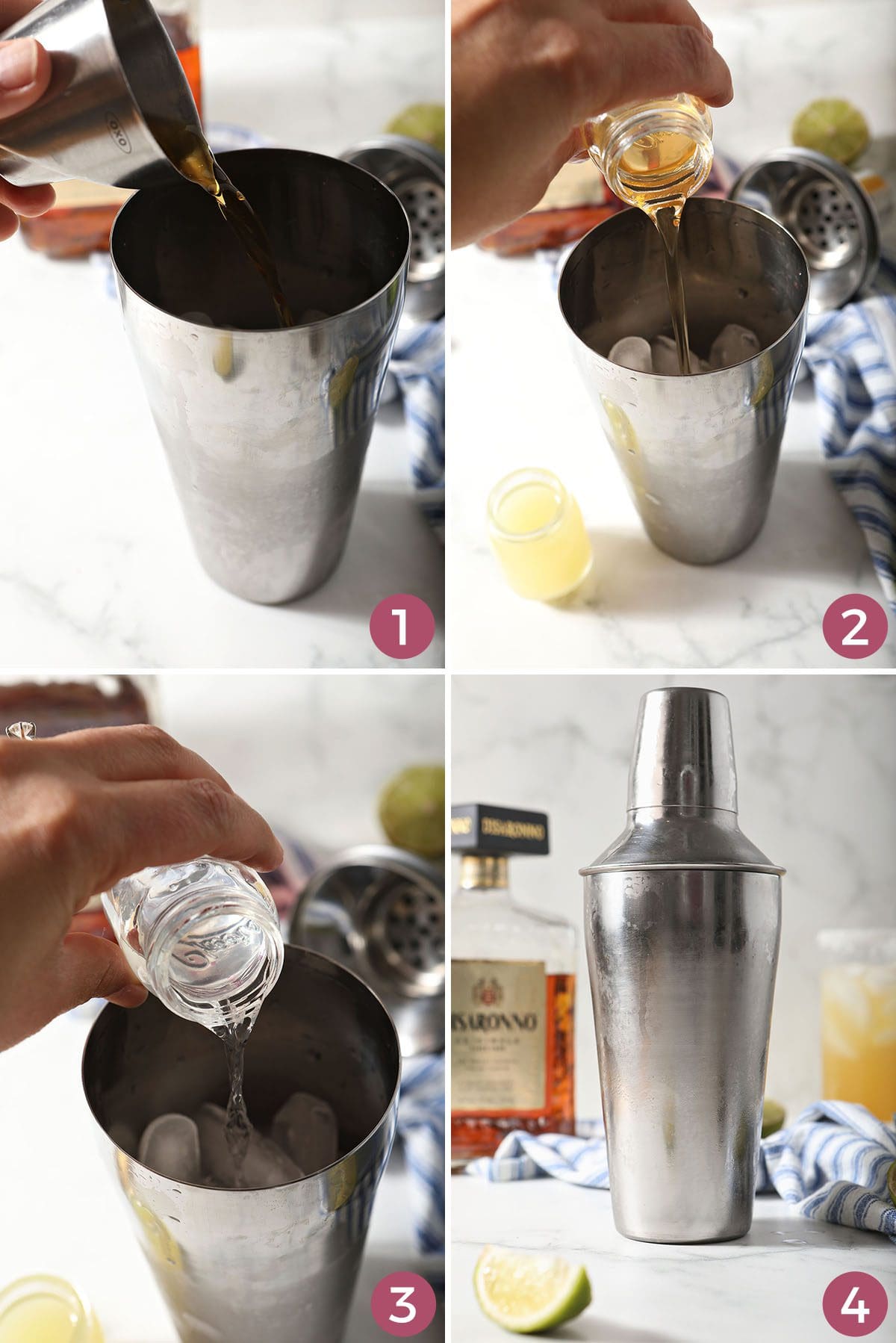 Looking for a different twist on a classic margarita? This sweet Italian Margarita still tastes like a margarita, but calls for famous Italian almond-flavored liqueur for a unique taste. Makes 1 drink, but can easily be doubled or tripled.  Collage showing how to make an Italian Margarita