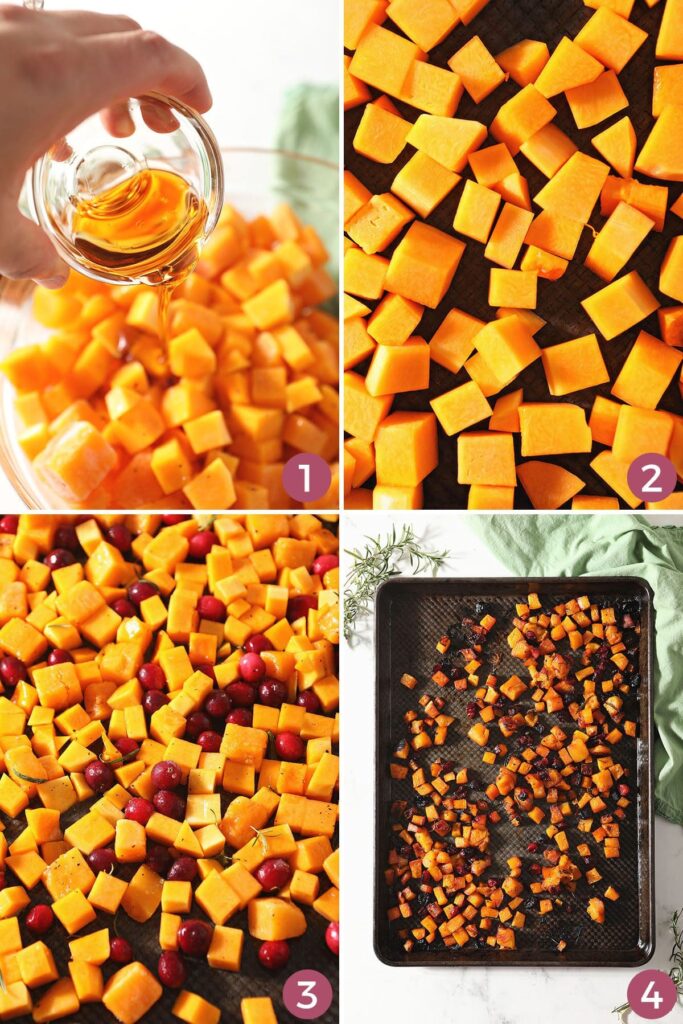 Collage showing how to make Maple Cranberry Roasted Butternut Squash