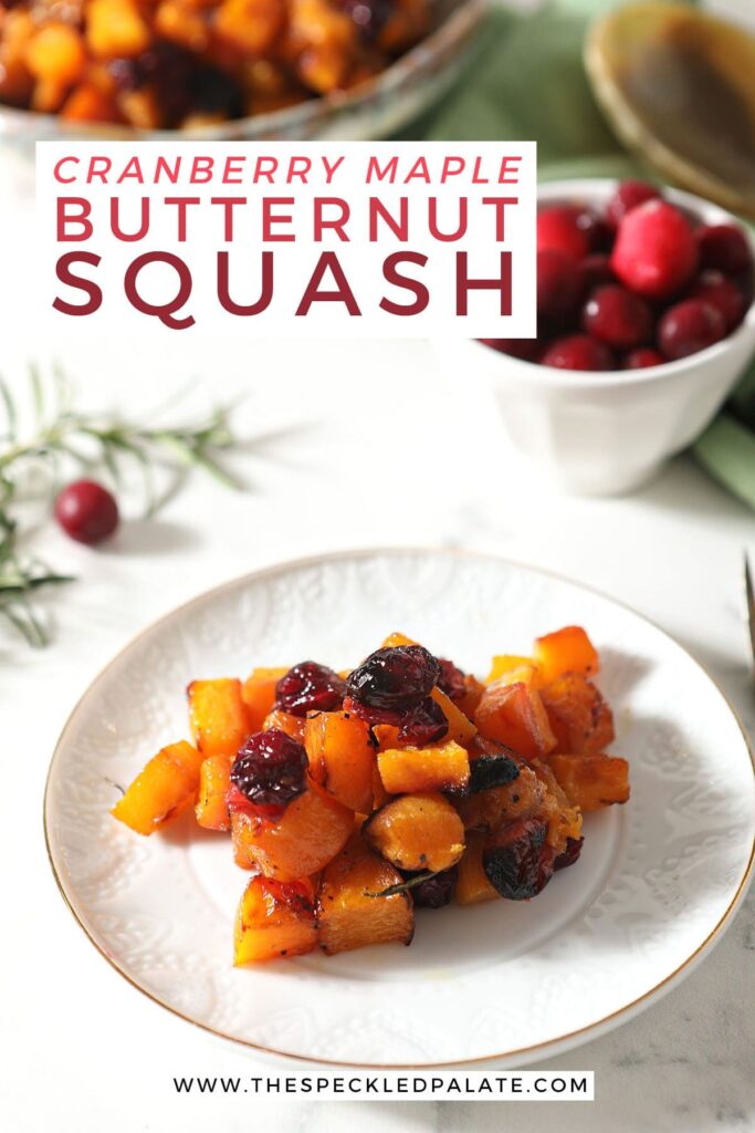 A plate of squash and cranberries with the text cranberry maple butternut squash