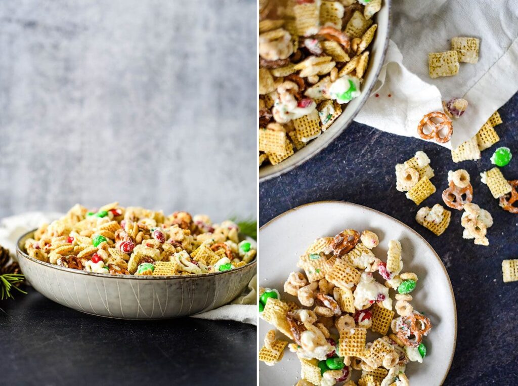 Collage showing Chex mix in a bowl, as well as on a plate