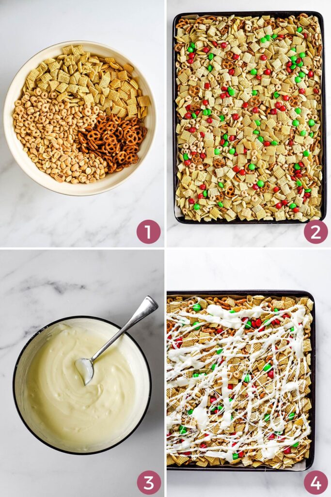 A collage showing four steps to putting together Christmas Chex Mix