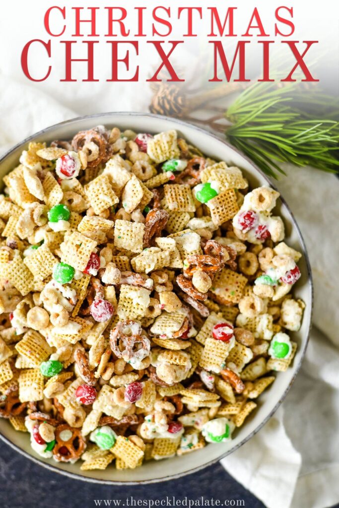 A bowl of holiday chex mix next to a plate with the text how to make christmas chex mix