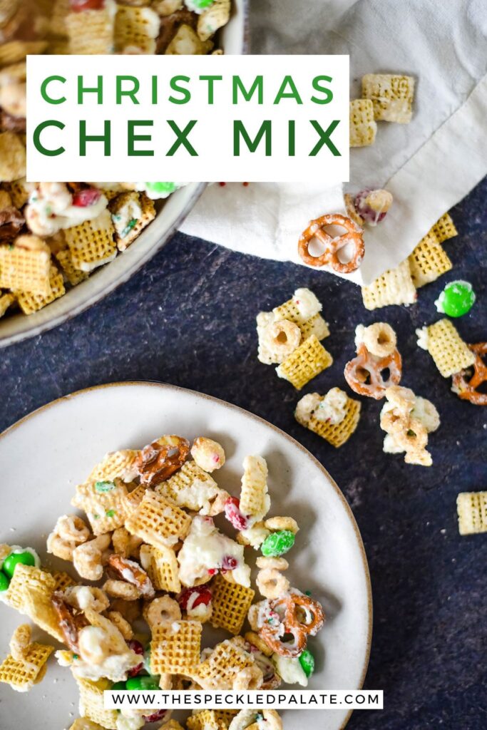 A plate of holiday chex mix next to a bowl with the text christmas chex mix