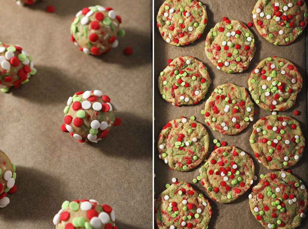 A collage showing funfetti cookies before and after baking