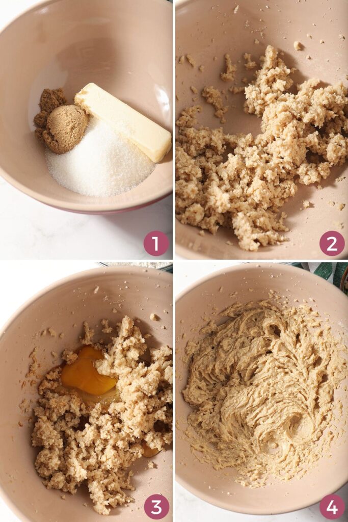 A collage showing how to cream together wet cookie ingredients