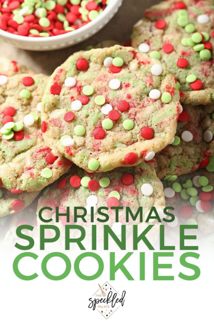 Several Christmas Confetti Cookies stacked near a bowl of sprinkles with the text christmas sprinkle cookies'