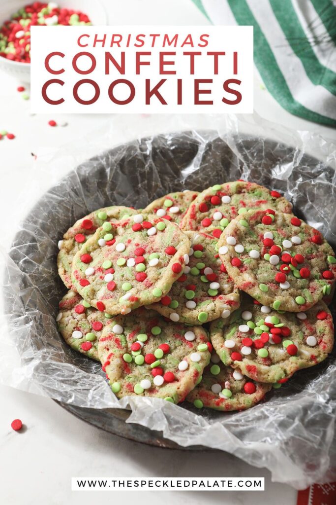 A plate of red and green sprinkle cookies with the text christmas confetti cookies