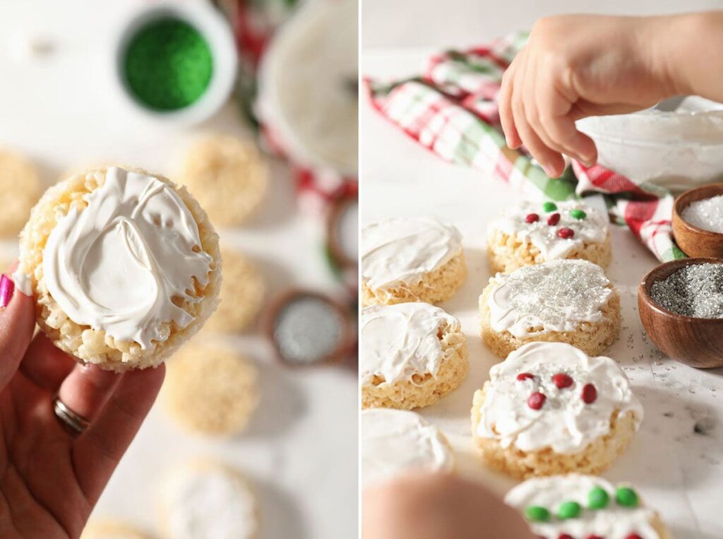 A collage showing how to spread candy melts and decorate ornament krispie treats