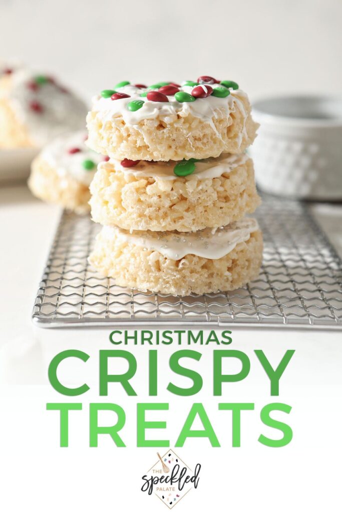 A stack of three iced Rice Krispie Treats with the text Christmas crispy treats