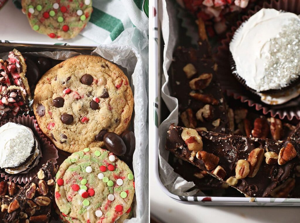 A collage showing two sides of a cookie tin