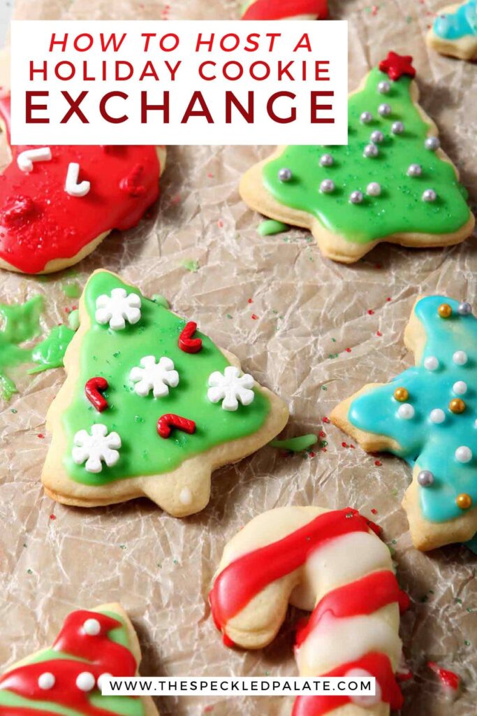 Colorful Christmas sugar cookies on brown paper with the text how to host a holiday cookie exchange