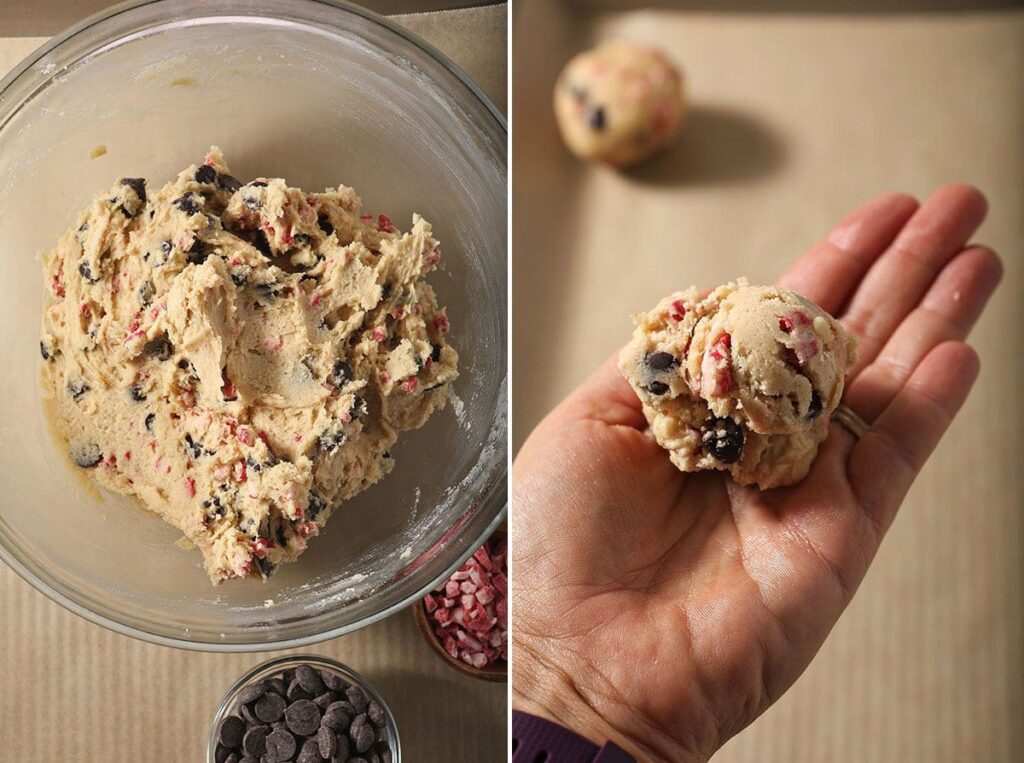 Collage showing cooled cookie dough in a bowl and how to roll them