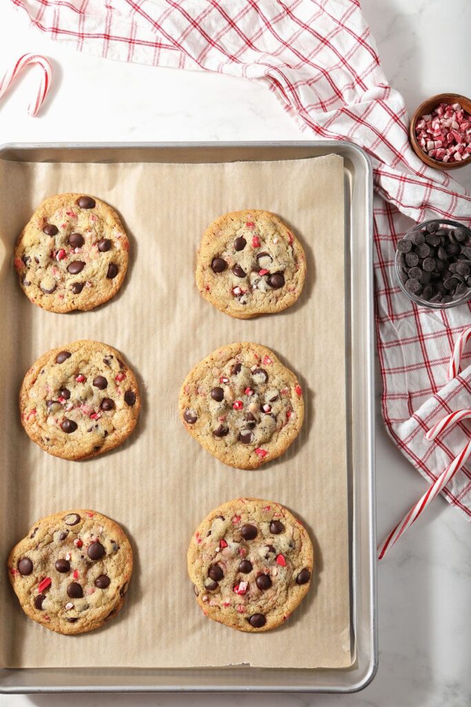 Baked peppermint cookies on a baking sheet