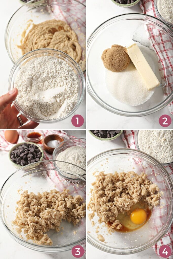 Collage showing how to mix wet ingredients for cookies