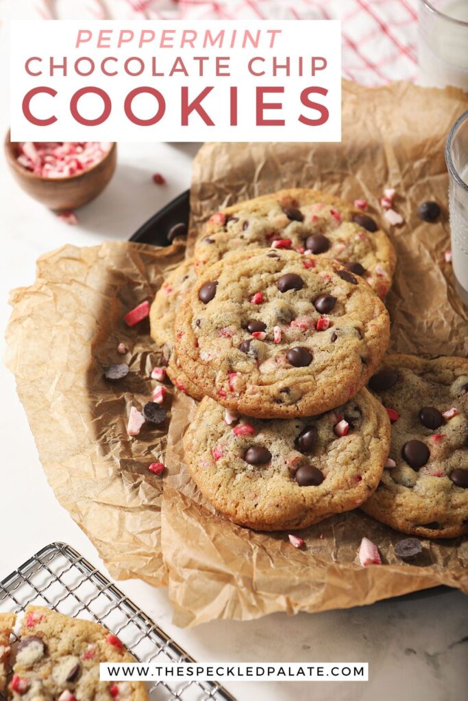 A stack of cookies on a plate with the text Peppermint Chocolate Chip Cookies