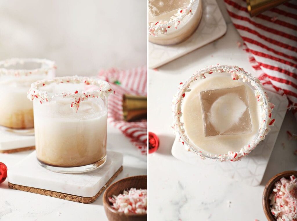 Collage showing a Peppermint White Russian drink from the side and from above