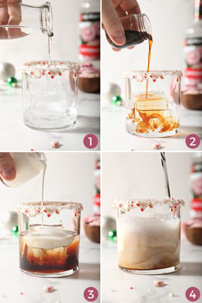 Collage showing how to mix a Peppermint White Russian