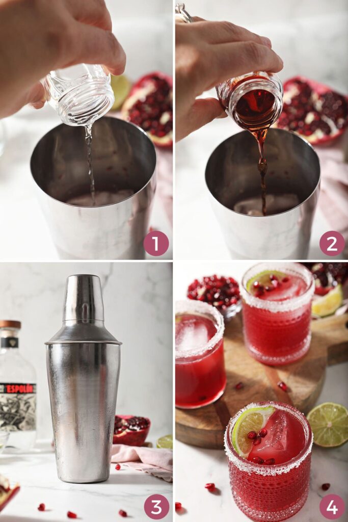 Collage showing how to mix and make a pomegranate margarita at home