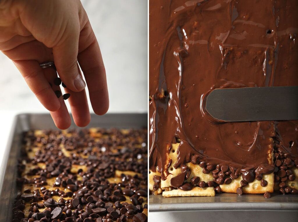 A collage of two image showing sprinkling and spreading of melted chocolate chips