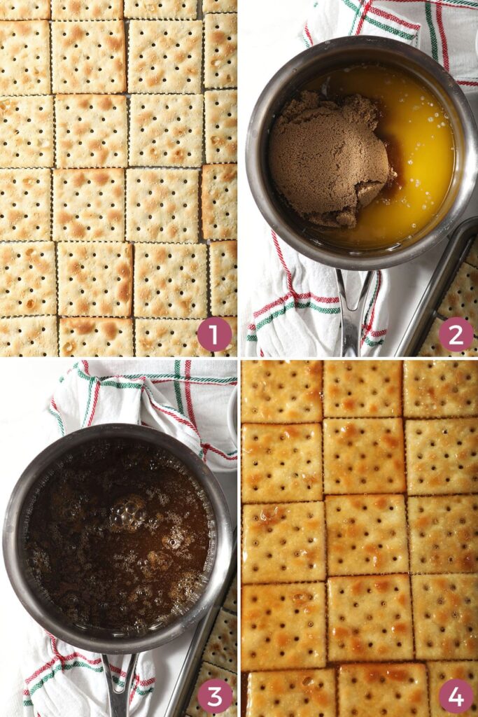 A collage showing how to make the toffee and it on the saltines