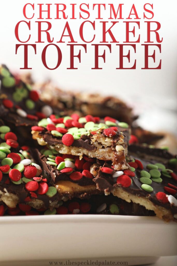 Close up of saltine cracker toffee on a platter with the text christmas cracker toffee