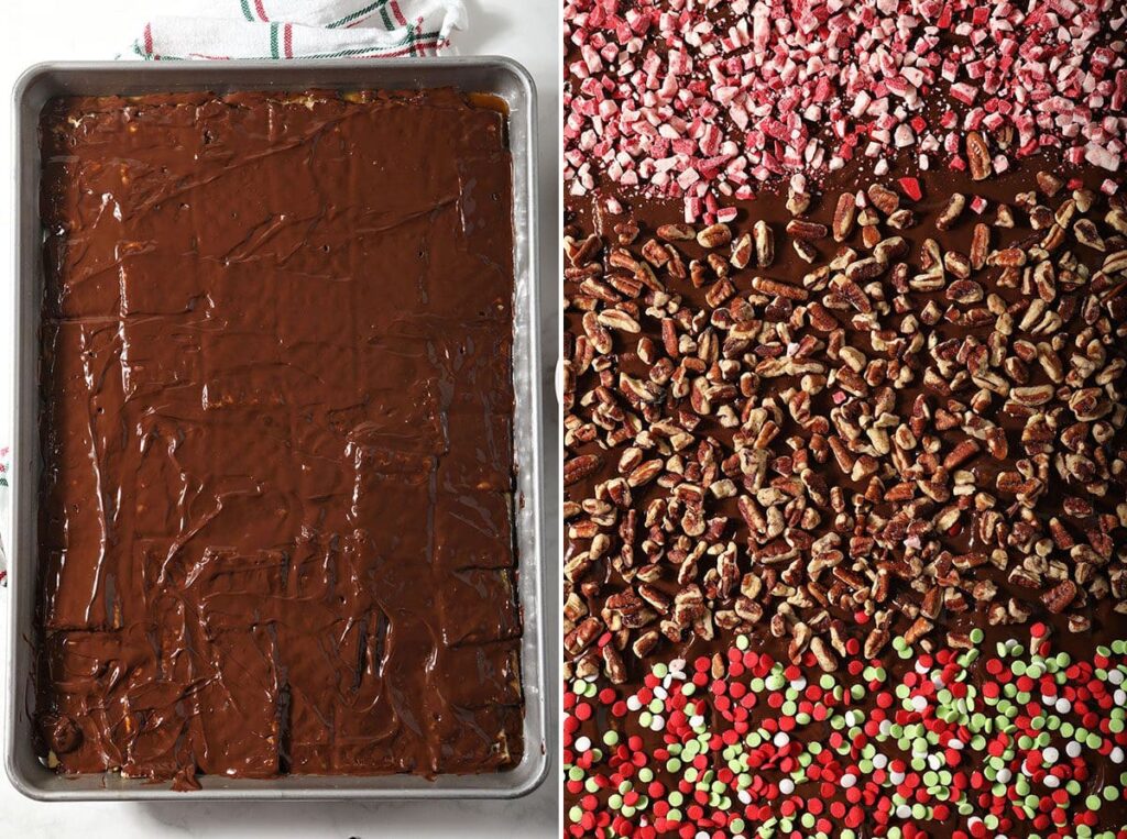 A collage of two images showing the toffee before and after toppings are added