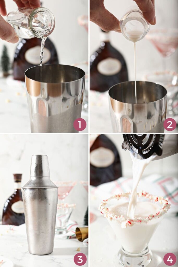 Collage showing how to make a Christmas white chocolate martini