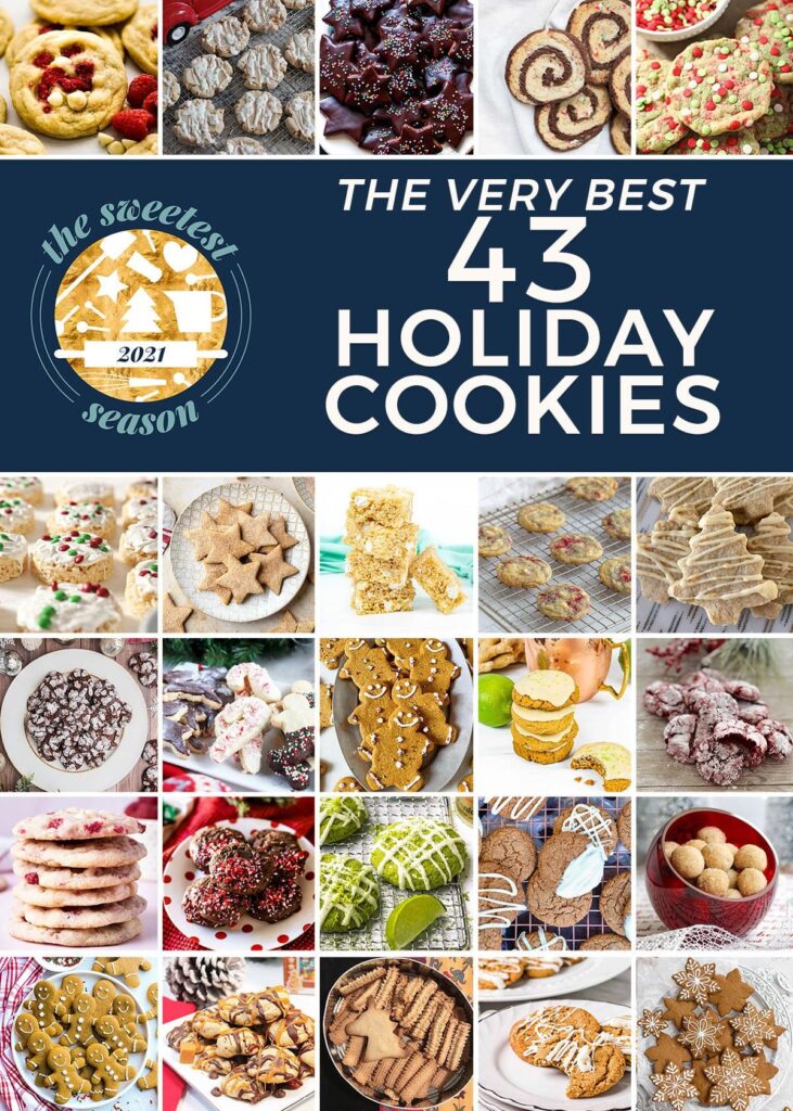 A collage showing 25 cookies with the text the very best 43 holiday cookies