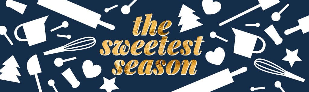 Banner for The Sweetest Season 2021 including a blue background with tree shapes and baking utensils