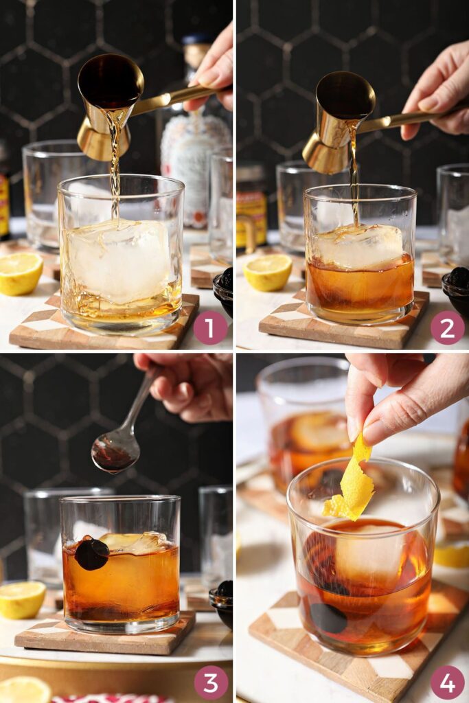 Collage showing how to make an amaro cocktail with bourbon