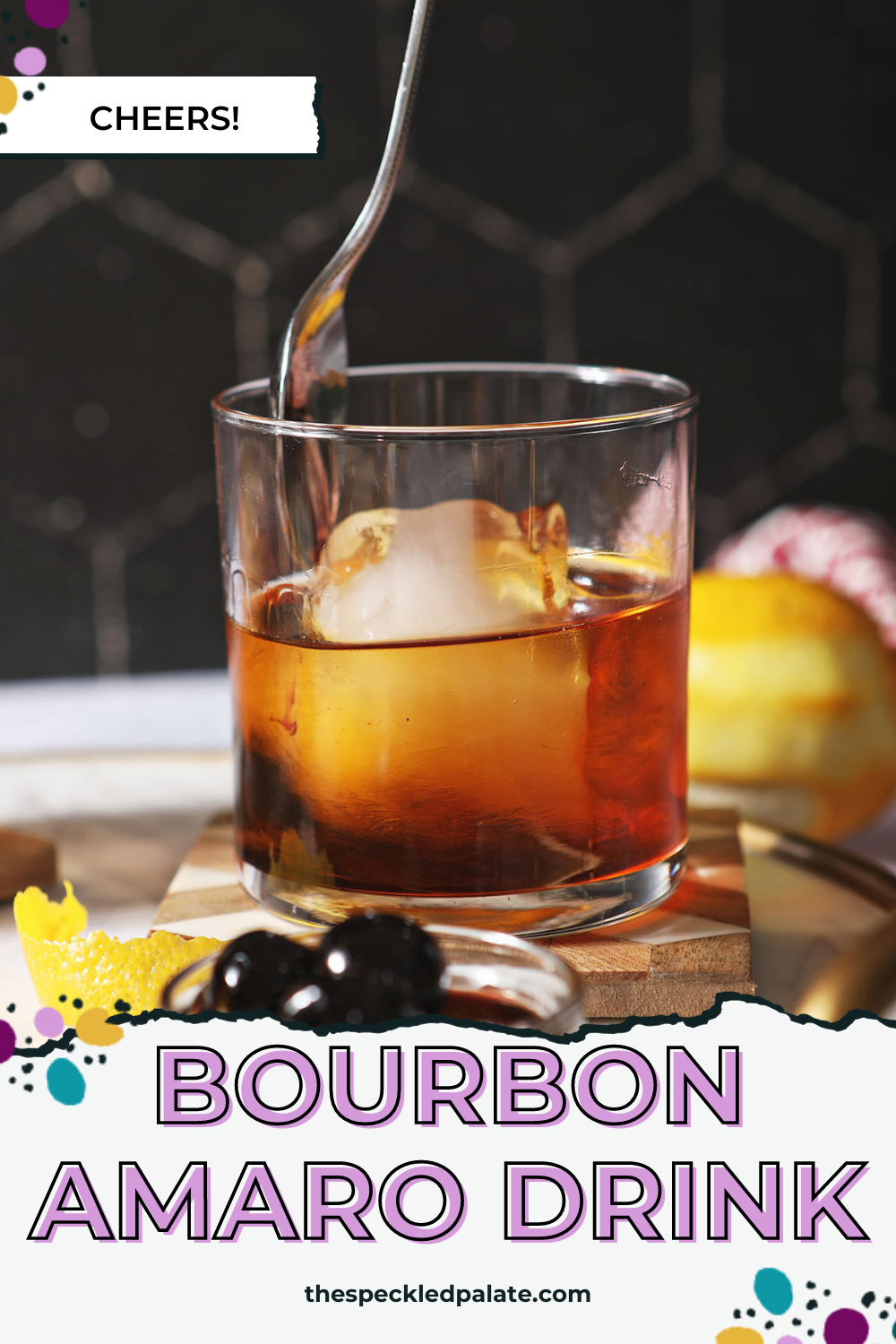 A spoon stirs an amaro cocktail with bourbon with the text amaro bourbon cocktail