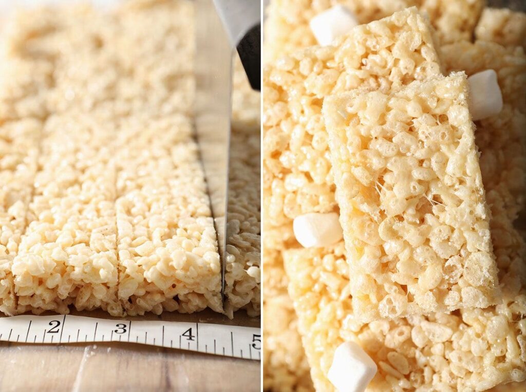 Collage showing how to cut crispy rice treats